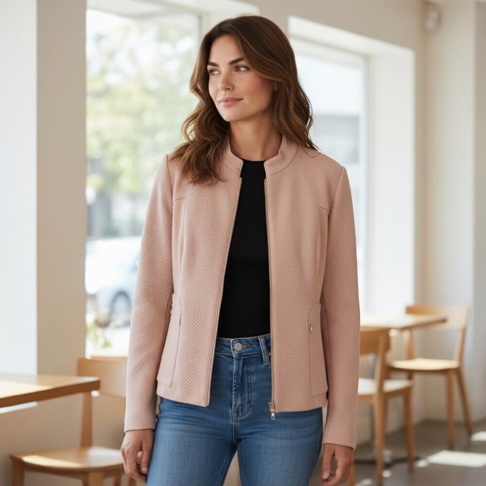 Chico's Blush Pink Textured Zip-Front Jacket, size medium.